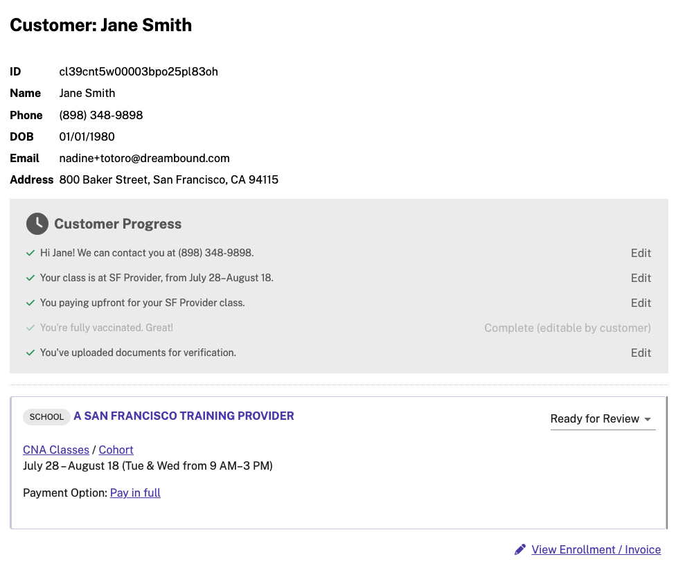 Example enrollment with pay in full