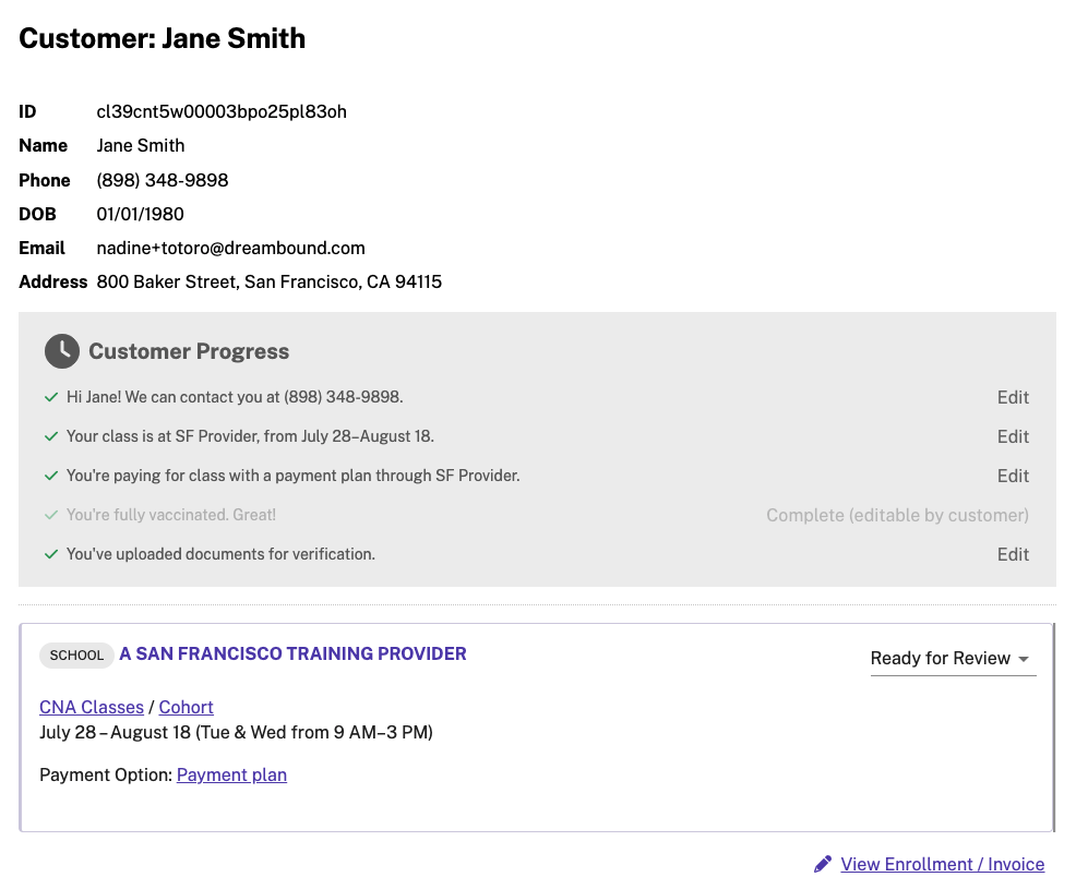 Example enrollment with pay in full